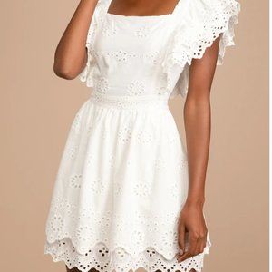 White Eyelet Lace Ruffled Skater Mini Dress